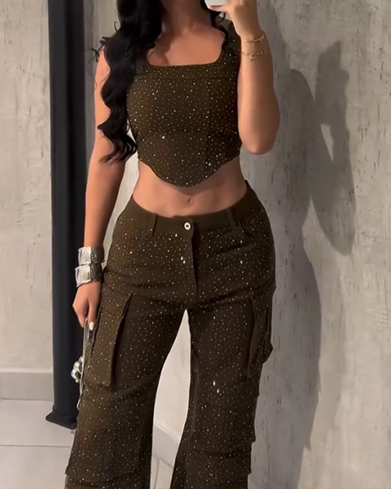 Rhinestone Suspender Overalls Pants Set