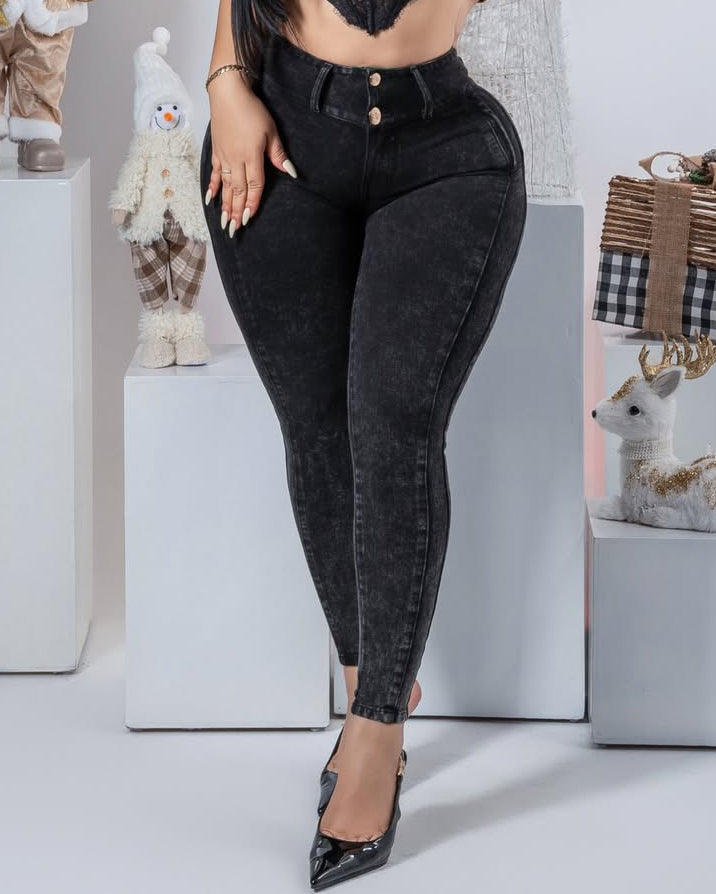 Women's Butt-Enhancing Double-Breasted Skinny Jeans Black