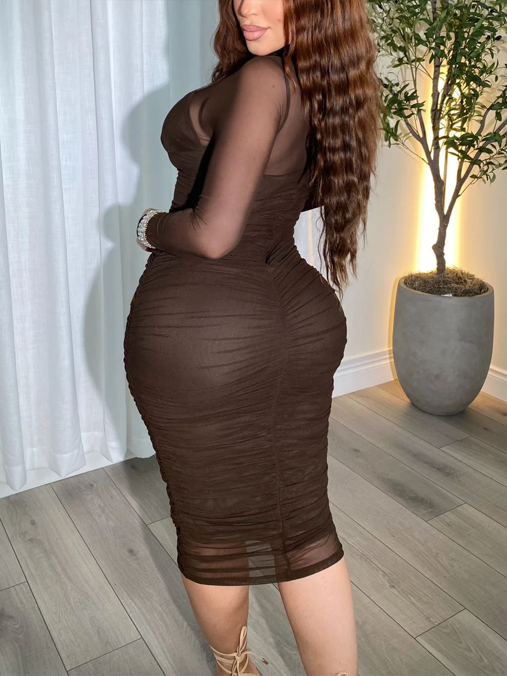 Mesh Splicing Breathable Long Sleeved Tight Dress