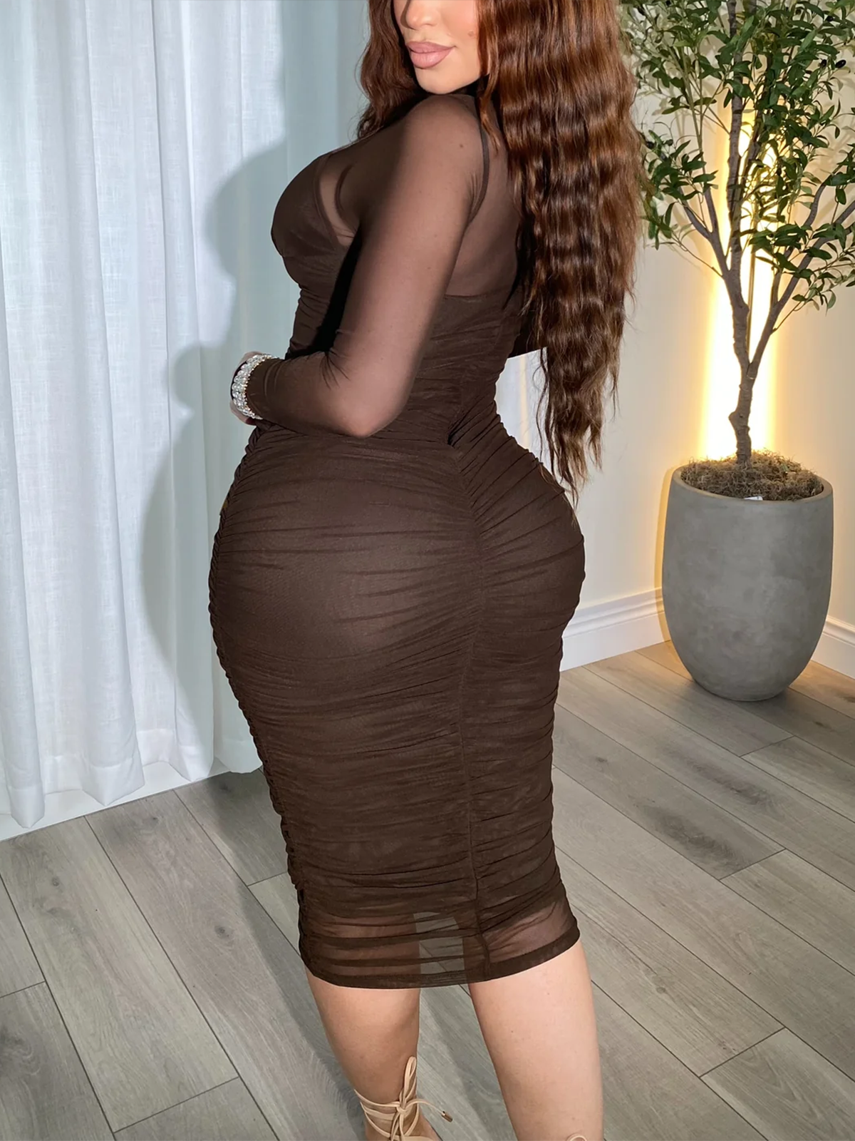 Mesh Splicing Breathable Long Sleeved Tight Dress