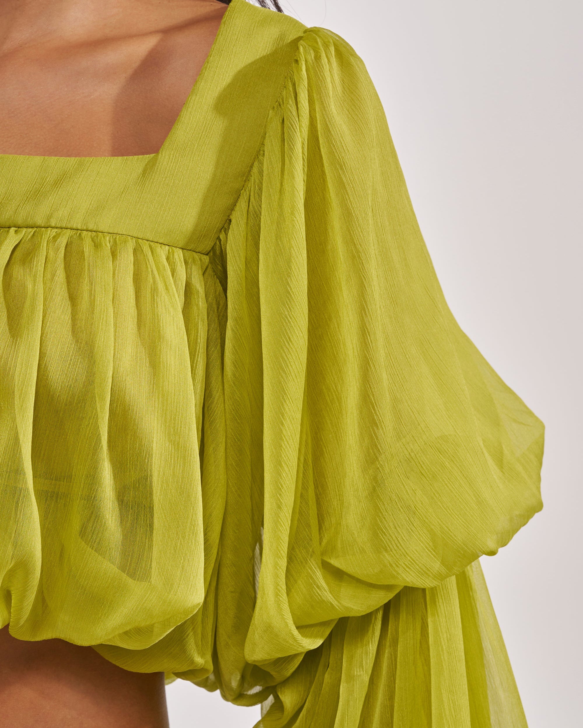 Square Neck Chiffon Ruffled Puff Sleeve Bubble Crop Top