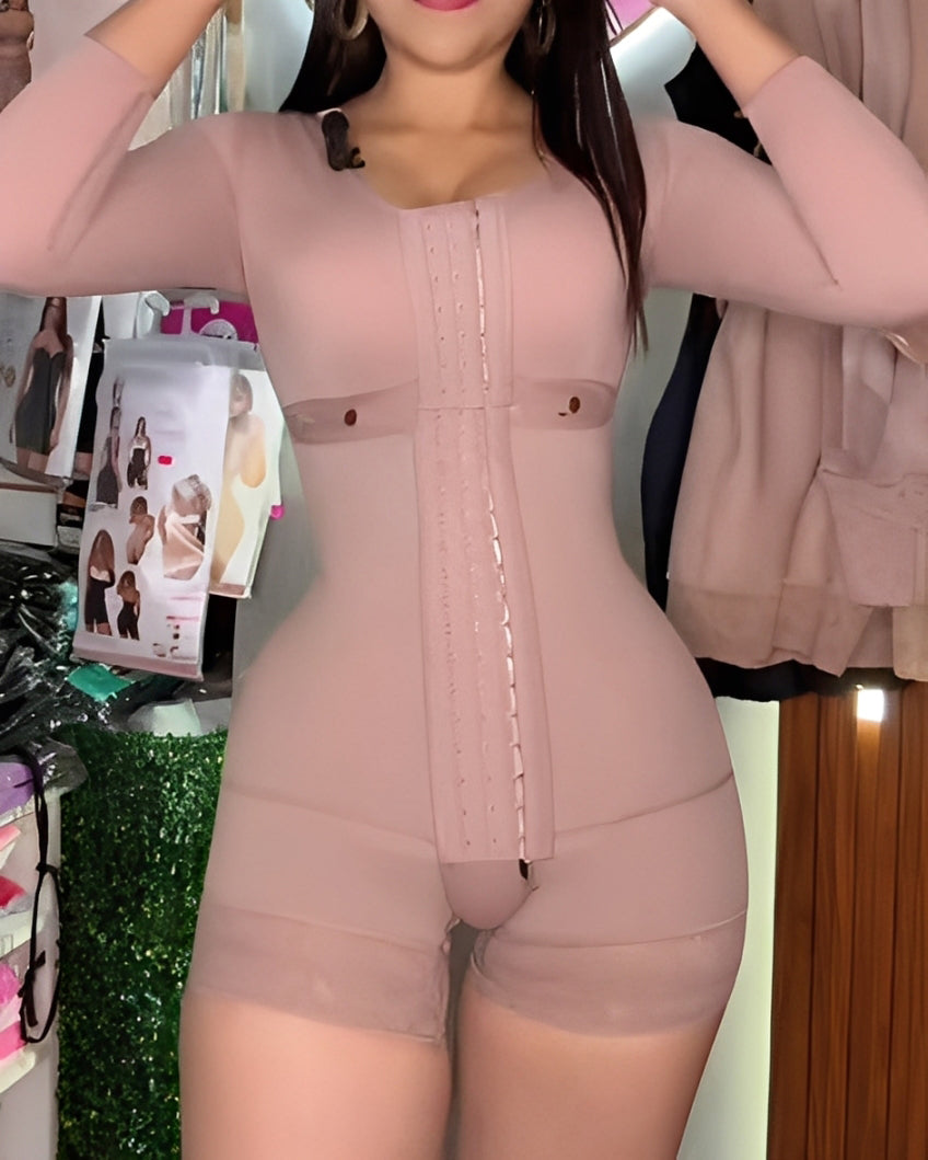 Long-Sleeved 3-Row Hook Eye Tummy Control Shapewear RosyBrown