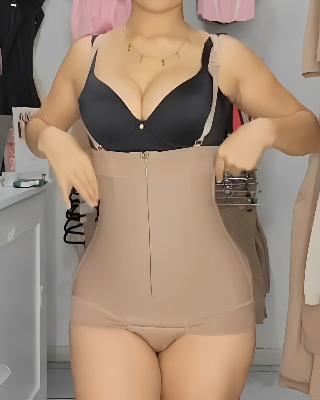 Strapless Front Zip Slimming Thong Body Shaper RosyBrown