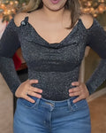 Shiny Long-Sleeved Slim-Fitting Bodysuit Black