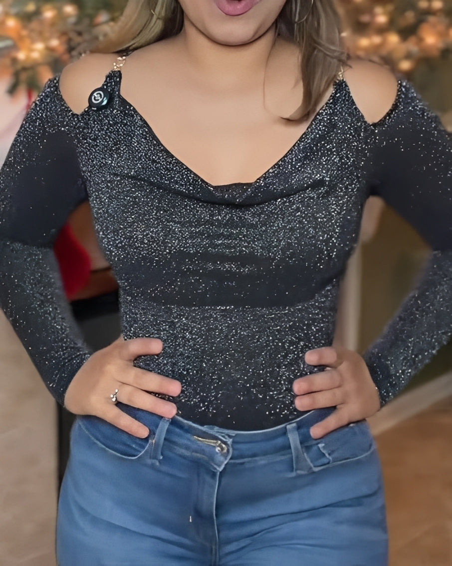 Shiny Long-Sleeved Slim-Fitting Bodysuit Black