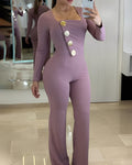 Women's Long-Sleeved Button Slim Fit Jumpsuit Violet