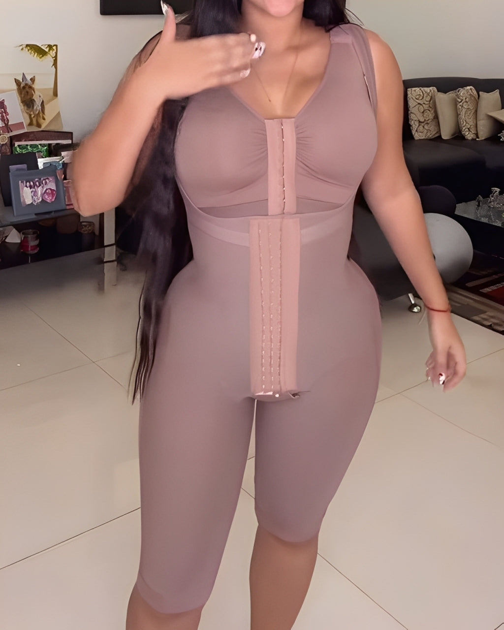 Open Chest Sleeveless Mid Length Body Shaper RosyBrown