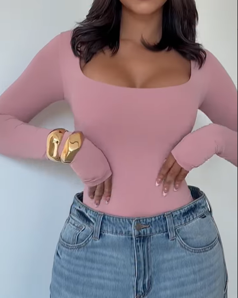Square Neck Slim Tummy Control Long Sleeve Bodysuit