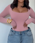 Square Neck Slim Tummy Control Long Sleeve Bodysuit