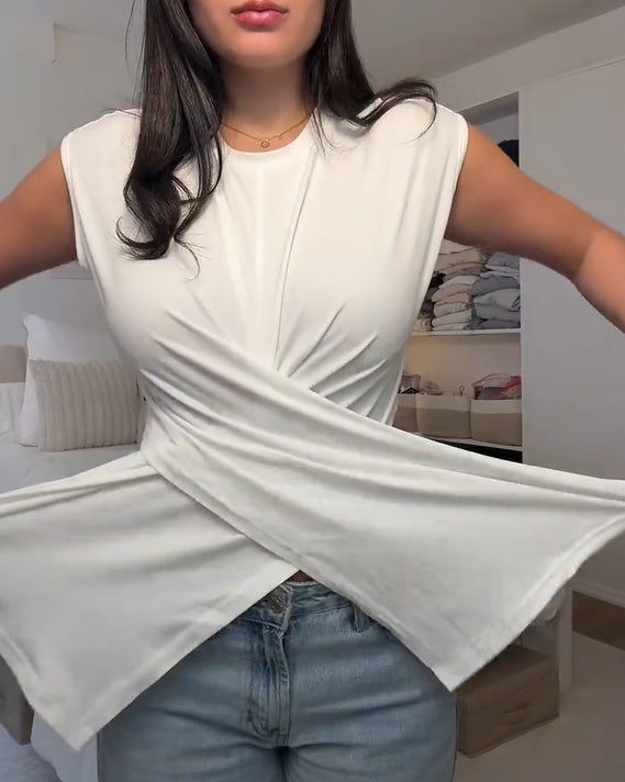 Casual Asymmetrical Criss Cross Back Tie Top For Women's Knitted Round Neck Drop Shoulder Sleeve T-Shirt White