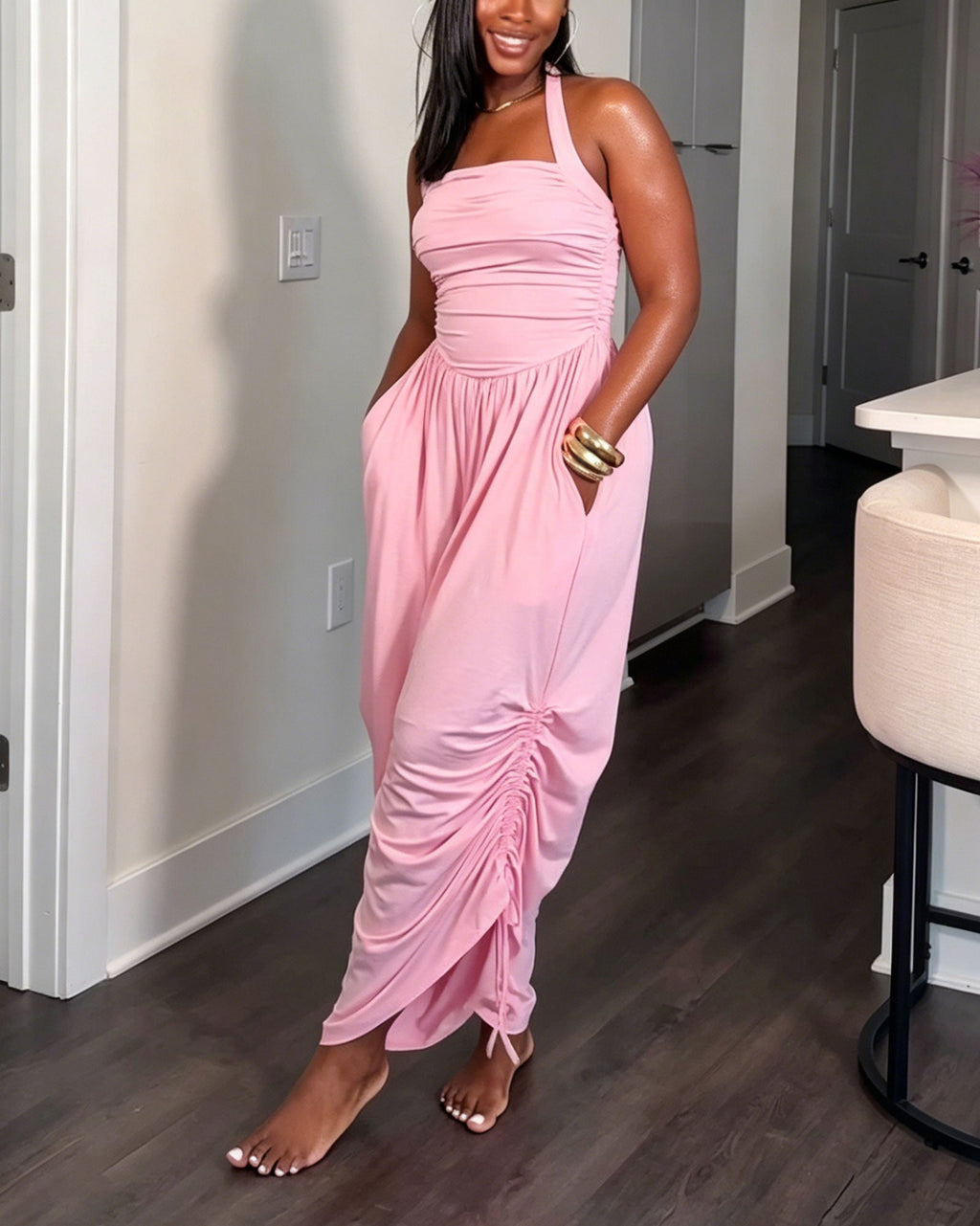 Backless Pleated Drawstring Waist Wide Leg Loose Fitting Jumpsuit