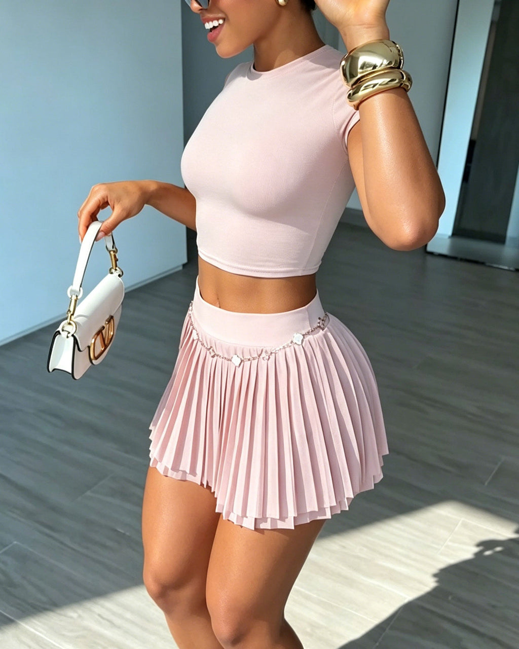 Short-Sleeve Crop Top & Pleated Mini Skirt Two-Piece Set