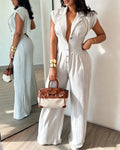 Vertical Striped Collared Short Sleeved Backless Wide Leg Jumpsuit