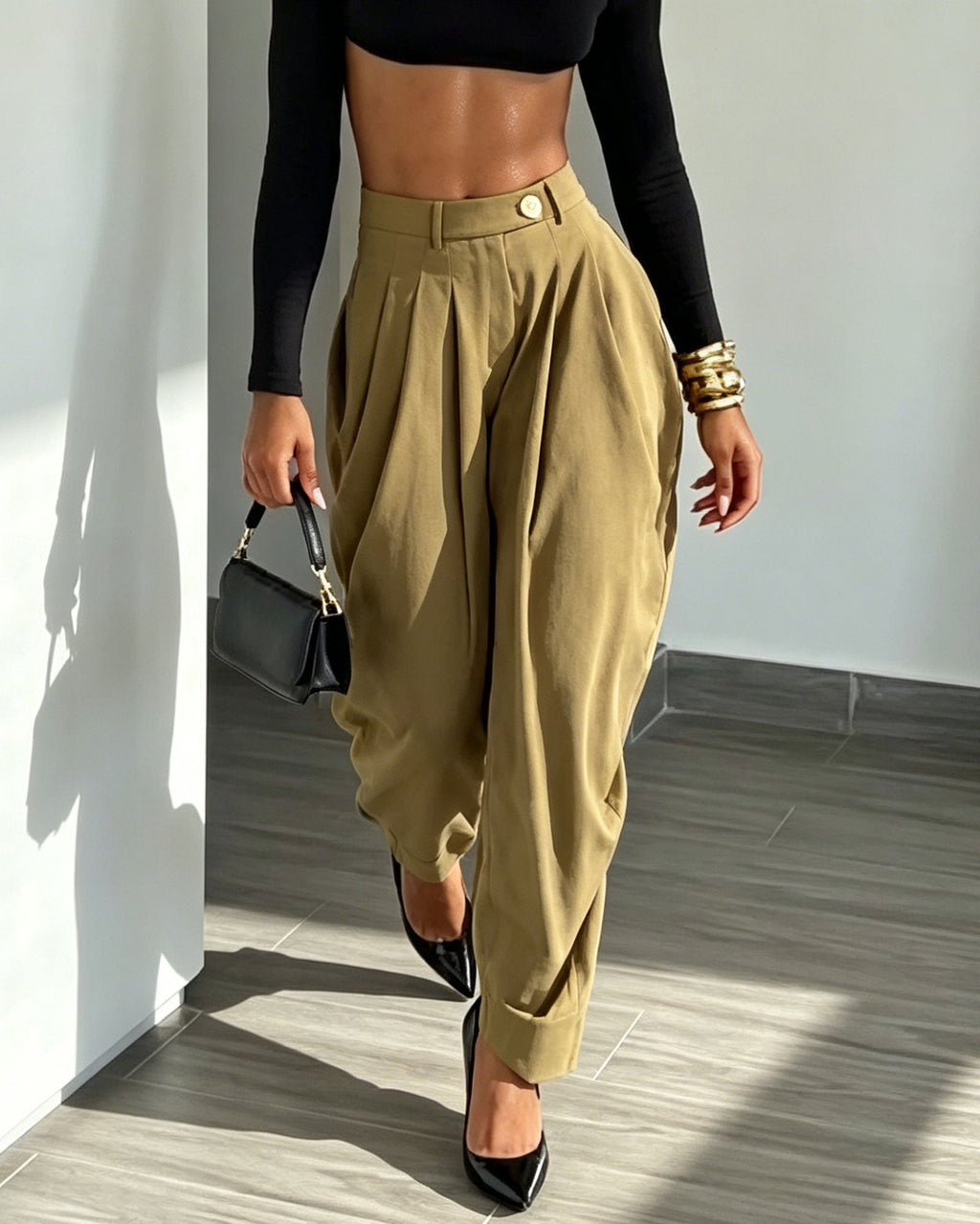 High Waisted Pleated Slit Wide Leg Harem Style Suit Pants