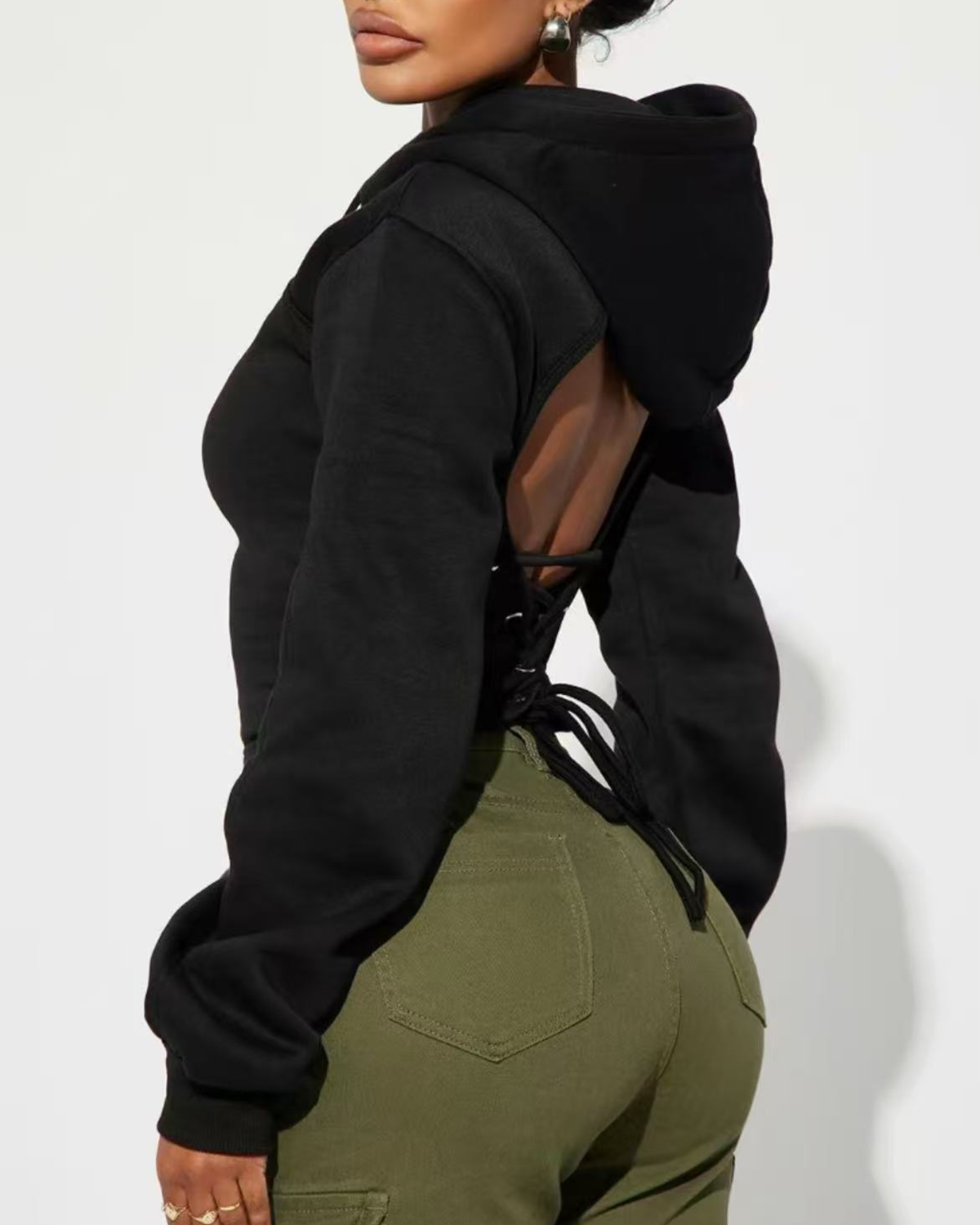 Casual Sexy Tie Back Hoodie Black