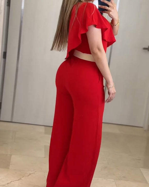 One Shoulder Ruffle Wide Leg Jumpsuit