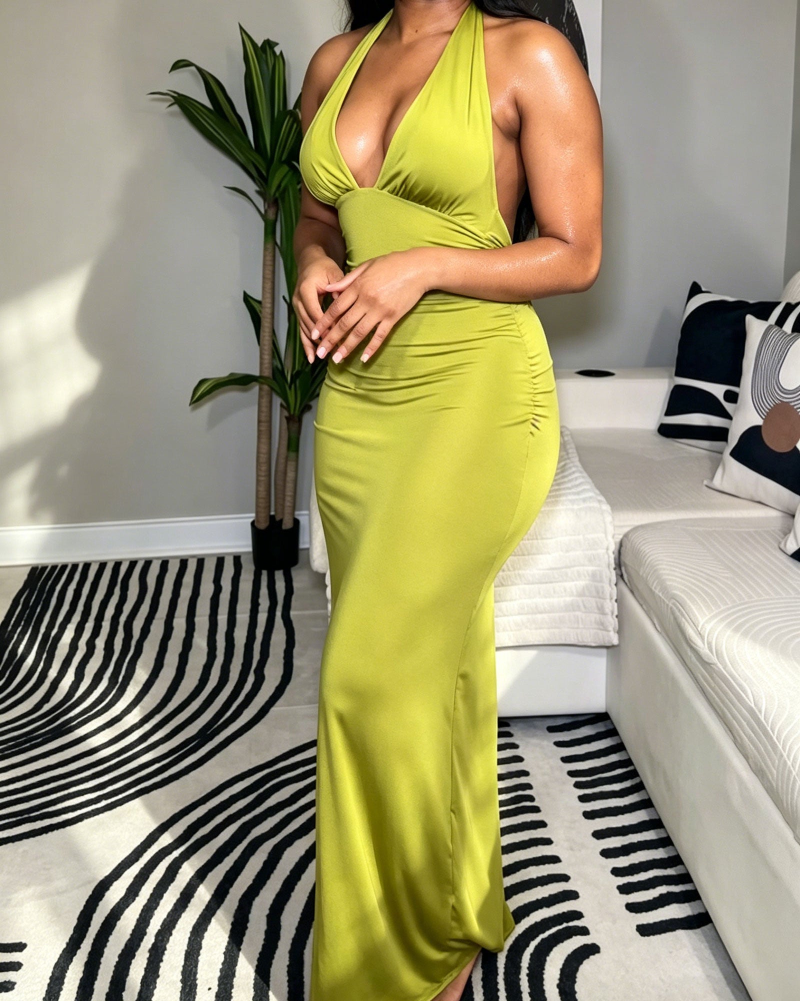Halter Neck Open Back Ruched Bodycon Maxi Dress