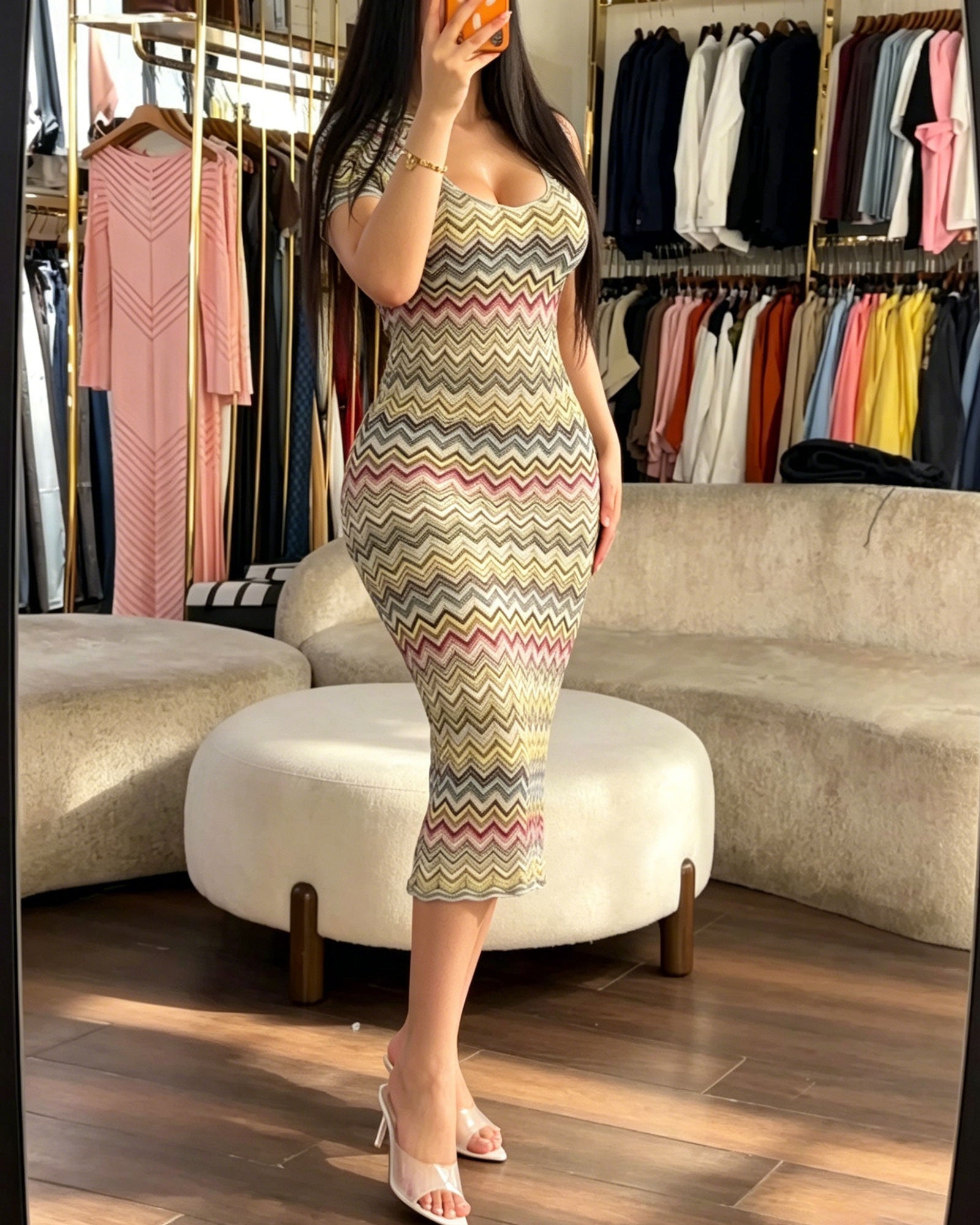 Multicolor Gradient Chevron Zigzag Striped Knit Bodycon Midi Dress