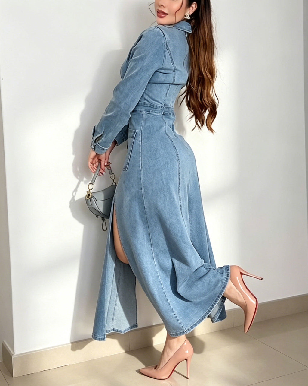 Denim Midi Dress with Gold Buttons, High Slit and Belted Waist