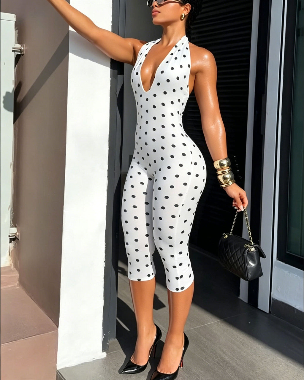 Polka Dot Halter Neck Open Back Capri-Length Jumpsuit