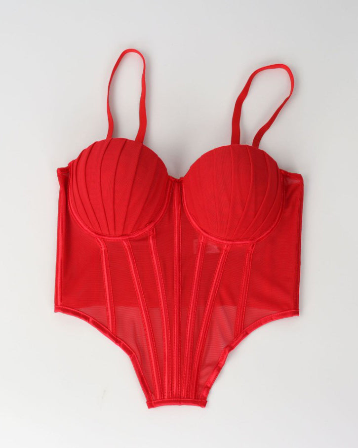 Sexy Sheer Mesh Suspender Corset Top Red