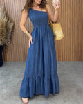 Off-the-Shoulder Slimming Denim Dress Blue