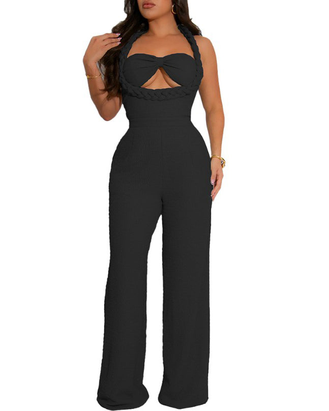 Braided Style Slip Sleeveless Loose Straight Jumpsuit Black