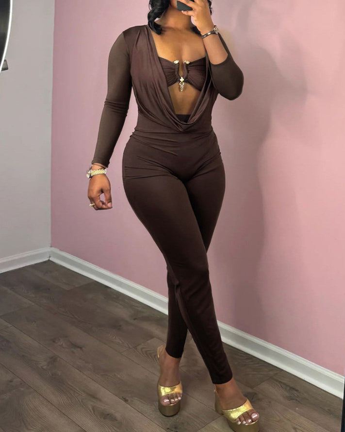 Sexy Draped Neck Slimming Long-Sleeved Jumpsuit