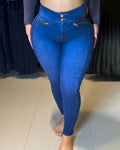 Double-Breasted High-Waisted Butt Lifter Skinny Jeans Blue