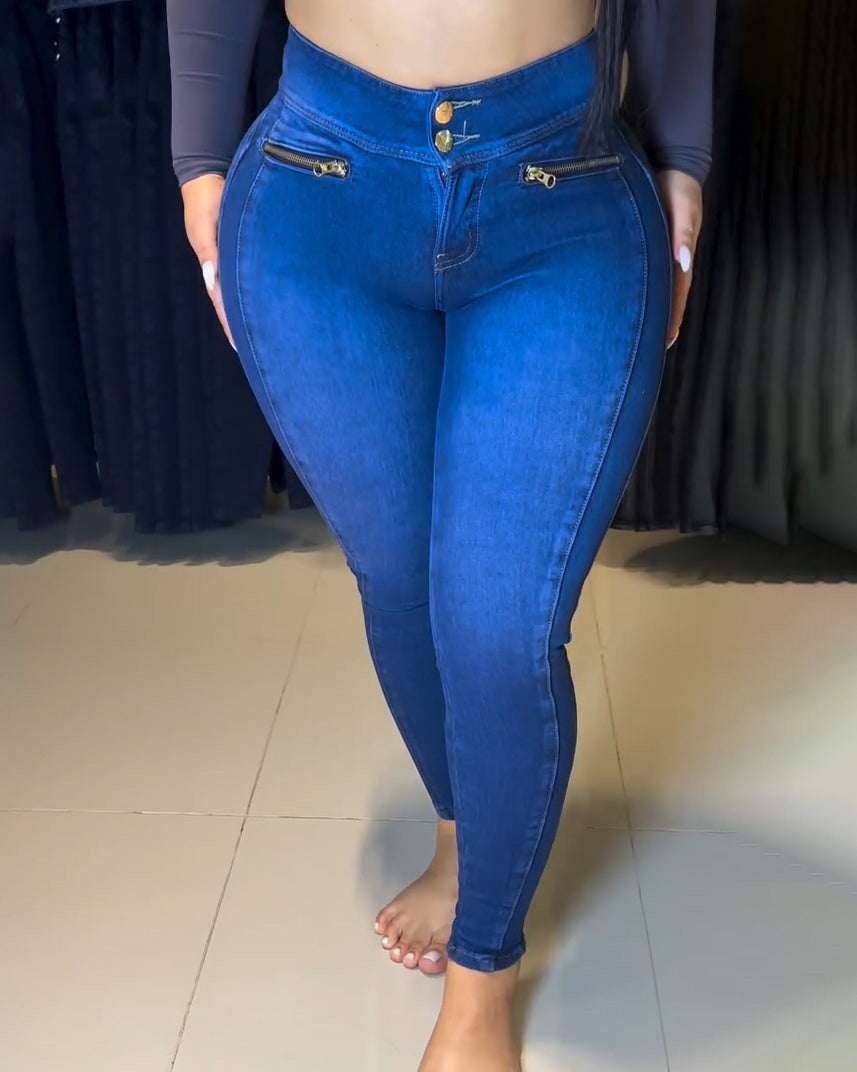 Double-Breasted High-Waisted Butt Lifter Skinny Jeans Blue