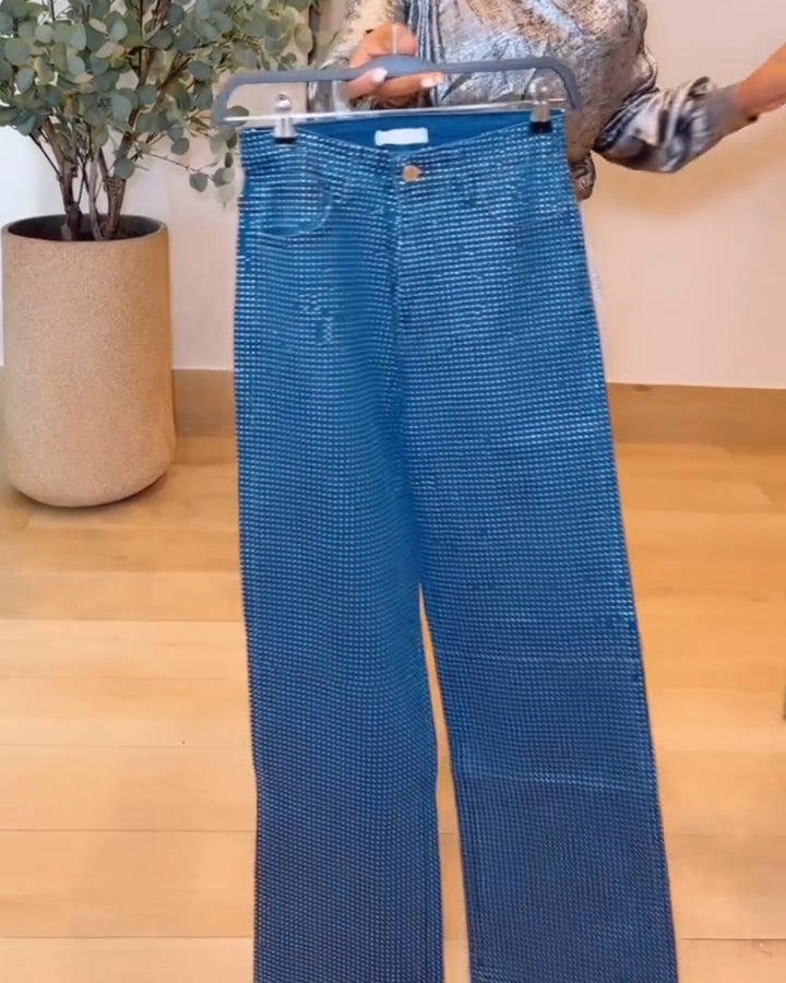 Women's Rhinestone-Studded Sparkly Jeans Blue