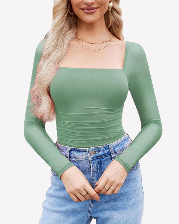 Sexy Square Neck Ruched Mesh Long Sleeve Shaping Bodysuit Olive