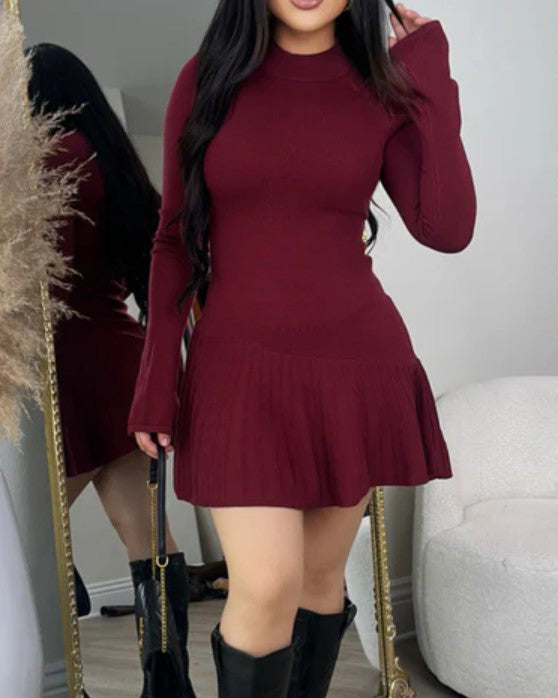 Women's Long-Sleeved Fitted Knit Dress DarkRed
