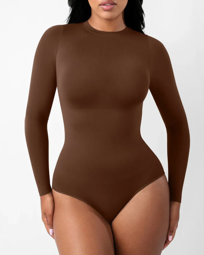Seamless Comfort Round Neck Long-Sleeved Thong Shaper Bodysuit Brown