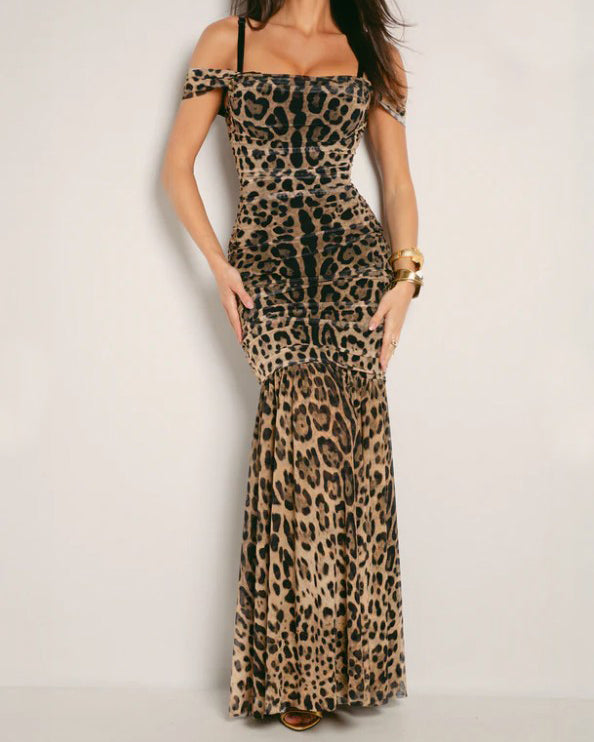 Off Shoulder Mesh Leopard Print Lace-Up Slimming Dress