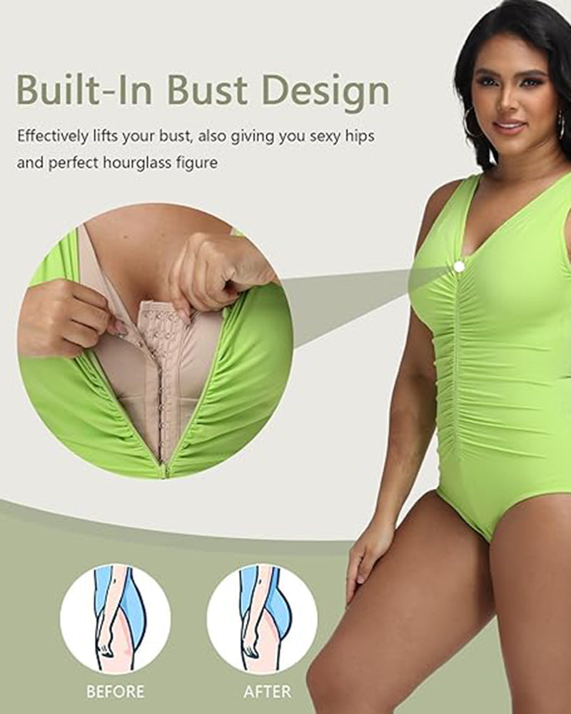 One Piece Deep V Ruched Tummy Control Swimsuit