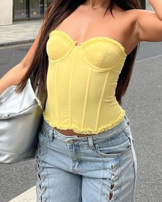 Women's Slim Fit Lace Mesh Tie Back Croset Top Yellow