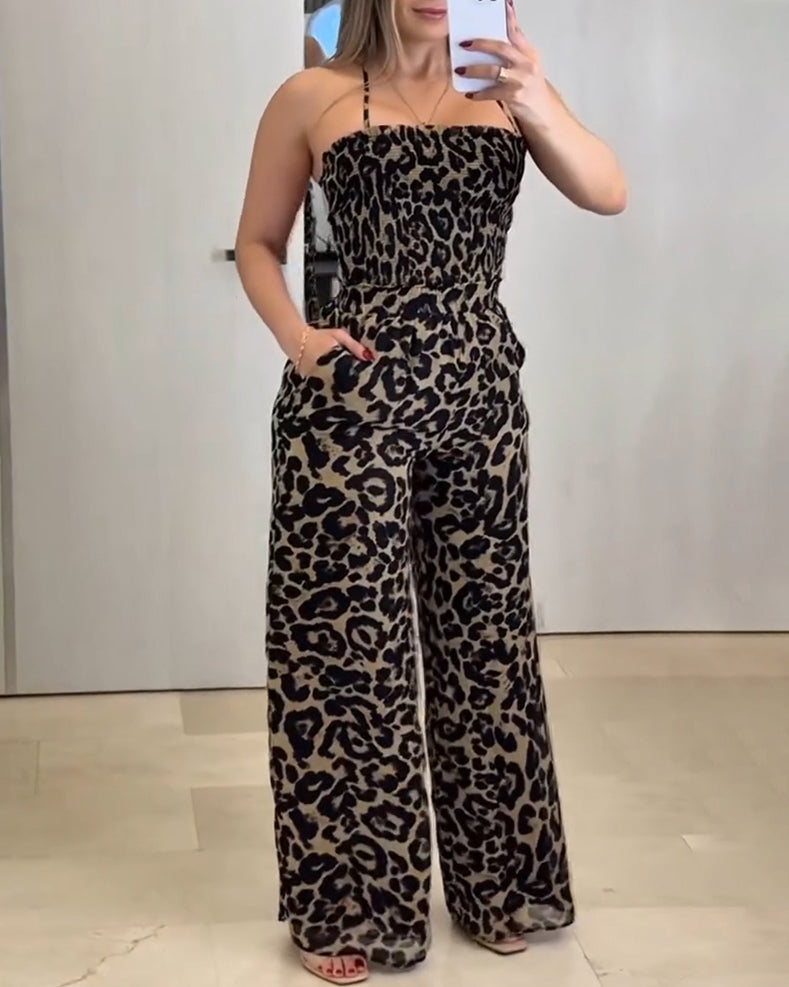 Leopard Print Backless Wide-Leg Jumpsuit Peru