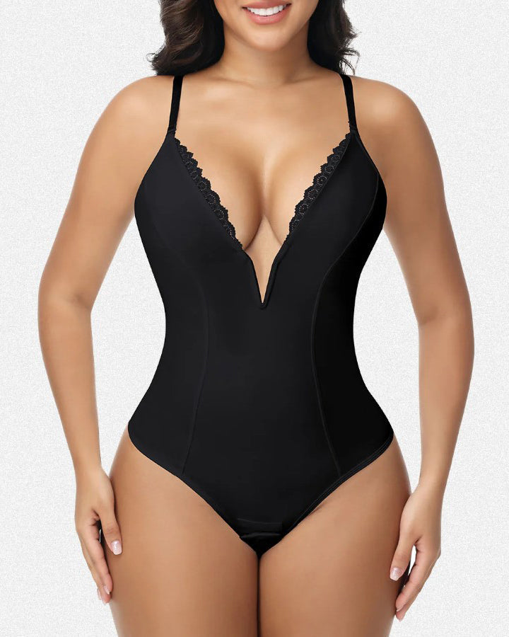 Deep V Plunge Tummy Control Slimming Bodysuit Black