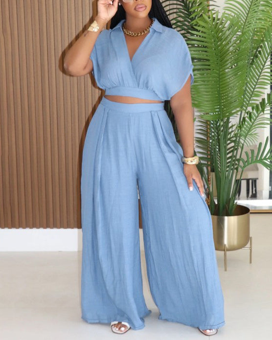 Casual Lapel Cropped Top Wide Leg Pants 2-Piece Set Lightblue