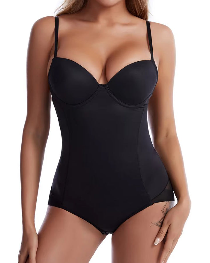 Women's V-Neck Mesh Tummy Control Thong Shaping Bodysuit Black