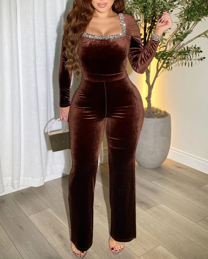 Rhinestone-Trimmed Long-Sleeved Bodycon Jumpsuit Brown
