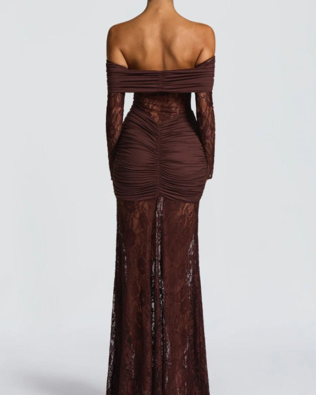 Sexy Lace Off-Shoulder Slit Long-Sleeved Dress