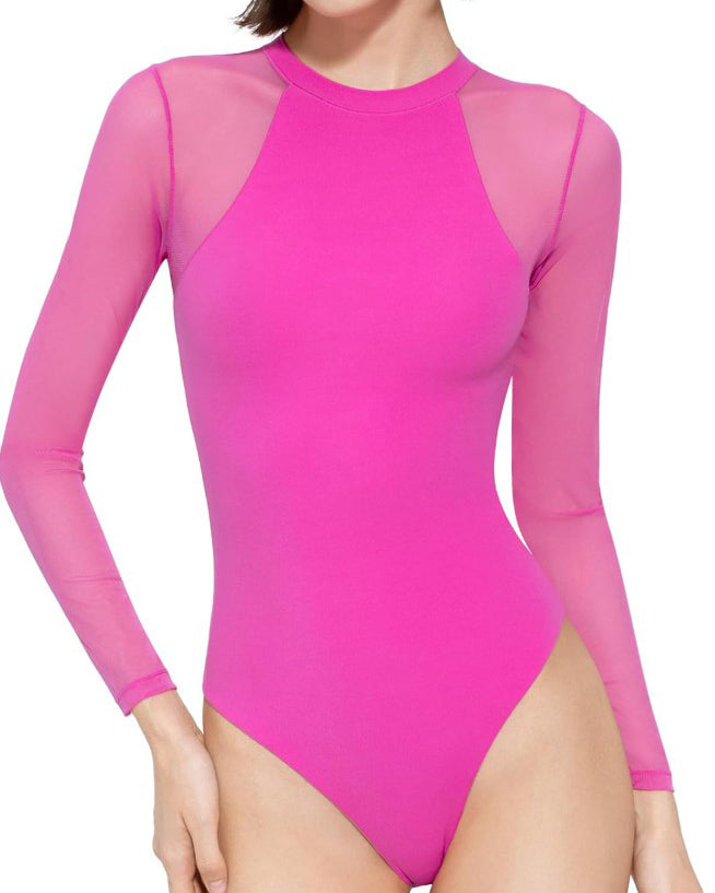 Long Sleeve Sheer Mesh Slimming Bodysuit Pink