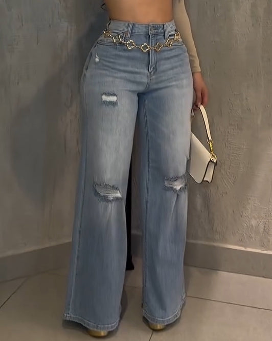Women's High-Stretch Ripped Wide-Leg Jeans