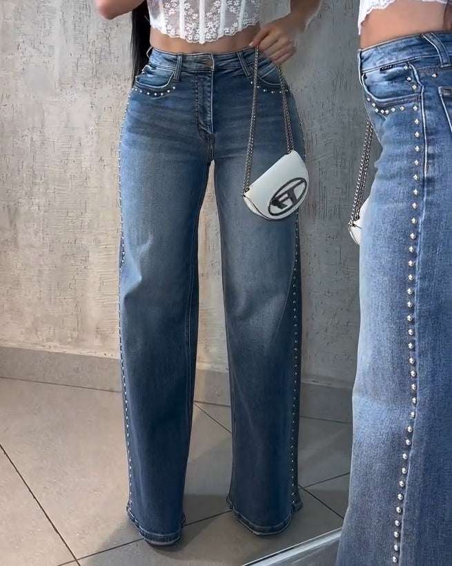 Women's Studded Trims Wide-Leg Jeans