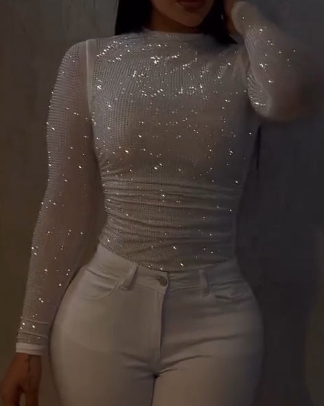 Fashionable Mesh Long-Sleeved Rhinestone Top