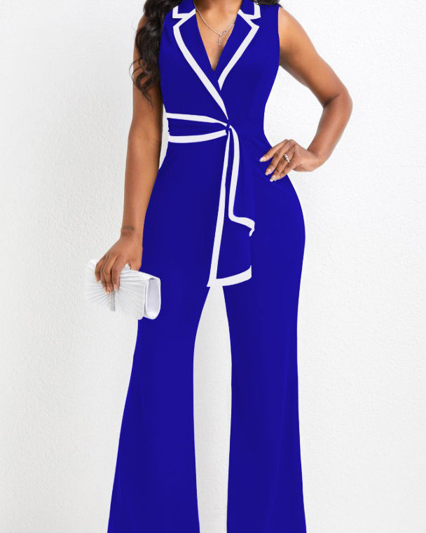 V-Neck Splicing Sleeveless Wide-Leg Jumpsuit Blue