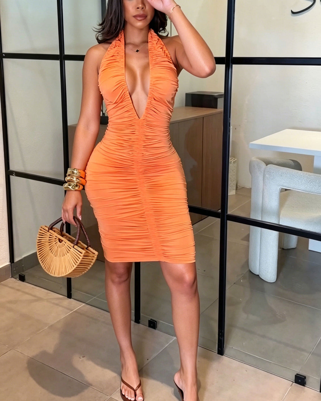Backless Halter-Neck Deep V-Neck Pleated Fitted Midi Dress