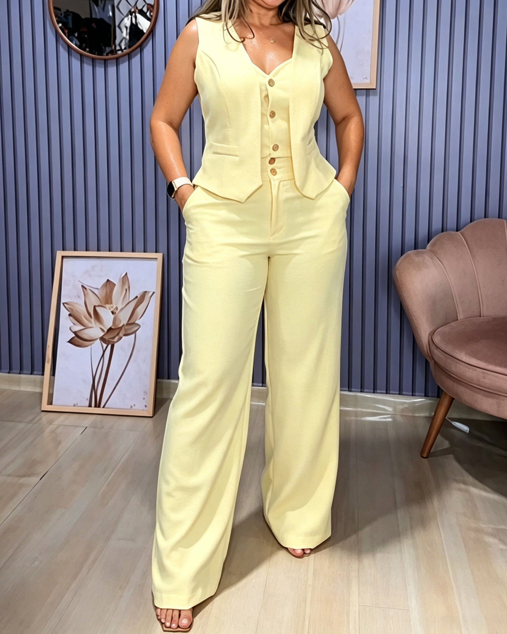 Sleeveless V-Neck Waistcoat & High-Waisted Wide Leg Pants Two-Piece Set